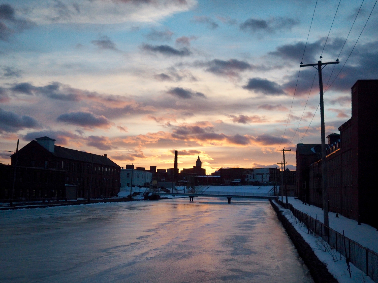Sunset over a Holyoke canal — copyright Trace Meek